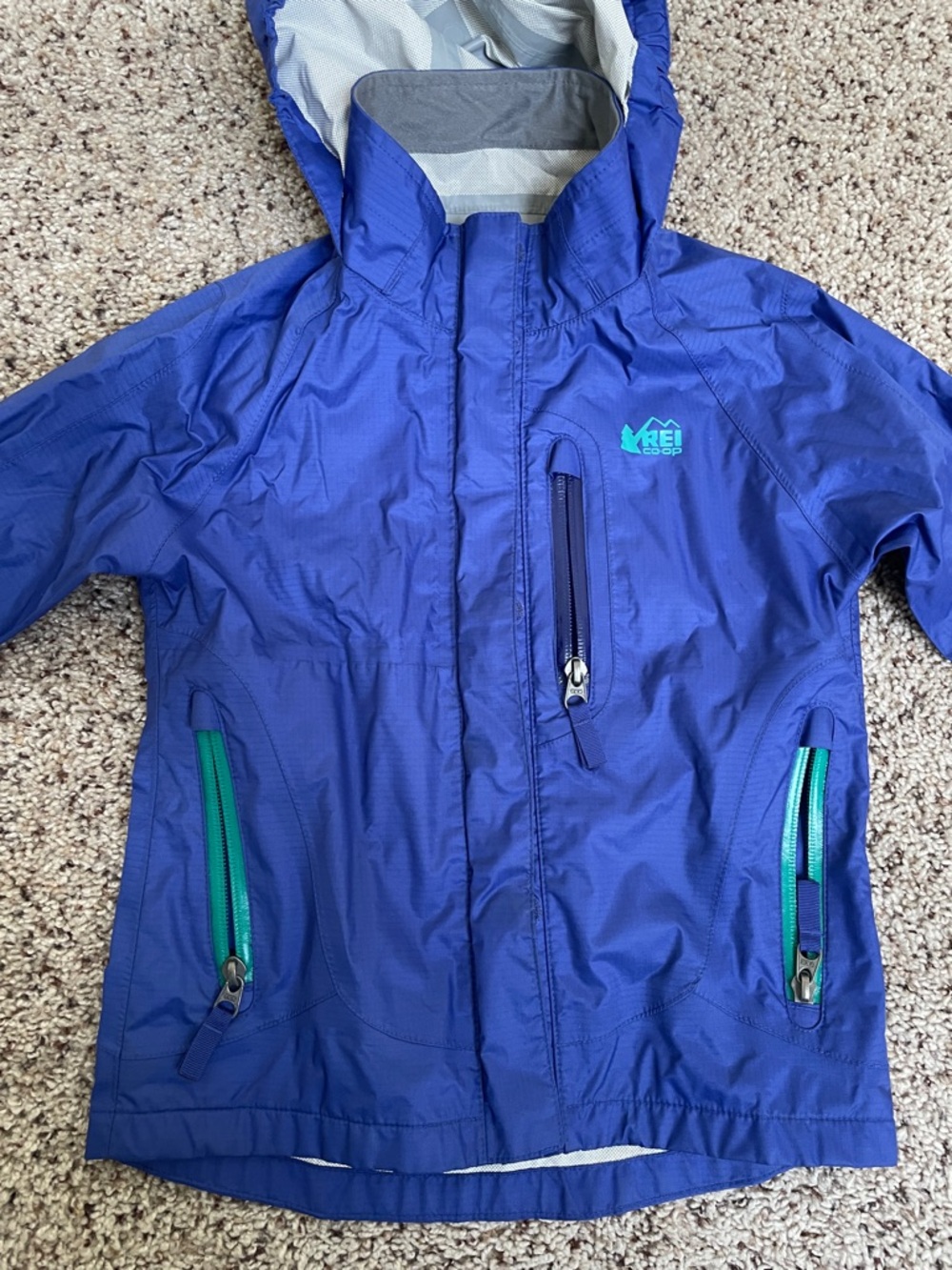REI Kids Royal Blue Hooded Raincoat with Teal Accents